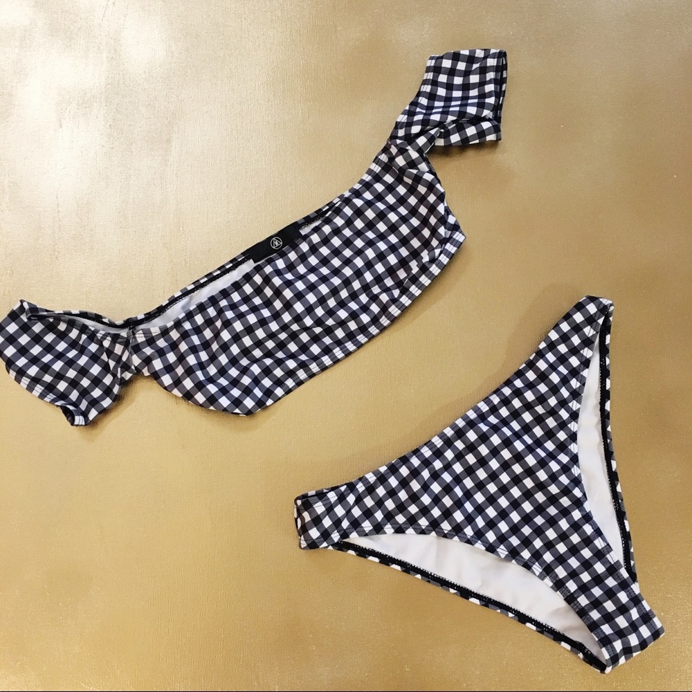 Missguided Black Gingham Bardot Bikini SET